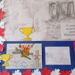 Na tablicy znajdują się prace plastyczne uczniów, które pokazują wybrane akcje okresu II wojny światowej z terenu Gminy Wietrzychowice.