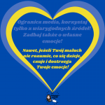 Na niebieskim tle żółto niebieskie serce a w nim niebieski napis staraj się nie nadużywać sformułowań, które utożsamiają Rosjan ze złem. Pod niebieskim napisem znajduje się żółty napis My dosrośli rozumeimy, ze to nie obywatele ale władze Rosjijest odpowiedzialna za to co się dzieje