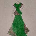 Długa, zielona sukienka, na brzegach elementy kwiatowe