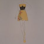 Projekt krótkiej sukienki , w kolorze żółtym, z elementami kwiatowymi. Praca