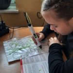 Dziewczynka pochylona nad pracą, wykonuje długopisem 3d kształt motyla.