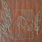 Prace wykonane długopisem 3d – cztery pióra ptasia i ujęcie z obrazu Makowskiego pt.„Troje dzieci pod chorągiewkami”.