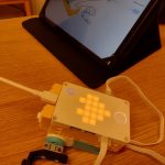 tablet z uruchomionym programem oraz zbudowany z klocków model żabki.