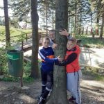 Trzech chłopców obejmuje pień drzewa leśnego.