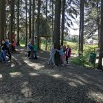 Dzieci w grupach 3, 4- osobowych przytulają się do pni drzew