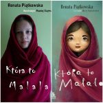Zdjęcie okładki "Która to Malala". Na zielonym tle dziewczynka owinięta bordowym materiałem