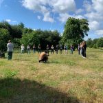 Około dwudziestu osób stoi w półokręgu na polanie