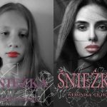Zdjęcie okładki "Śnieżka". Czarno białe zdjęcie dziewczynki, od tła odbijają się czerwone usta